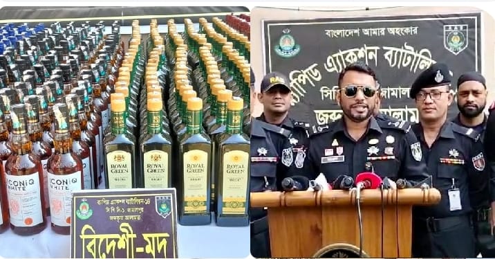 শেরপুরে র‌্যাবের অভিযানে ১৩০১ বোতল ভারতীয় মদসহ ট্রাক জব্দ, আটক ৩